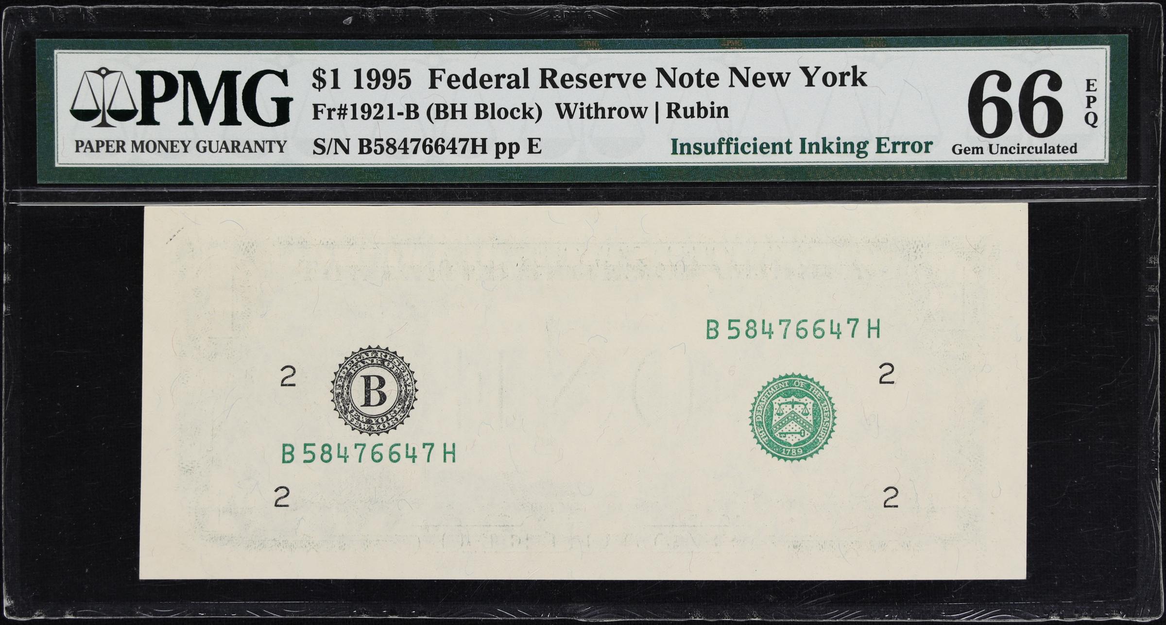 image for: Fr. 1921-B. 1995 $1 Federal Reserve Note. New York. PMG Gem Uncirculated 66 EPQ. Insufficient Inking Error.