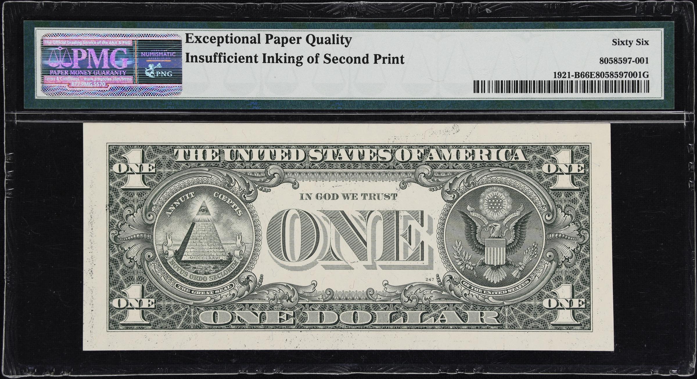 image for: Fr. 1921-B. 1995 $1 Federal Reserve Note. New York. PMG Gem Uncirculated 66 EPQ. Insufficient Inking Error.