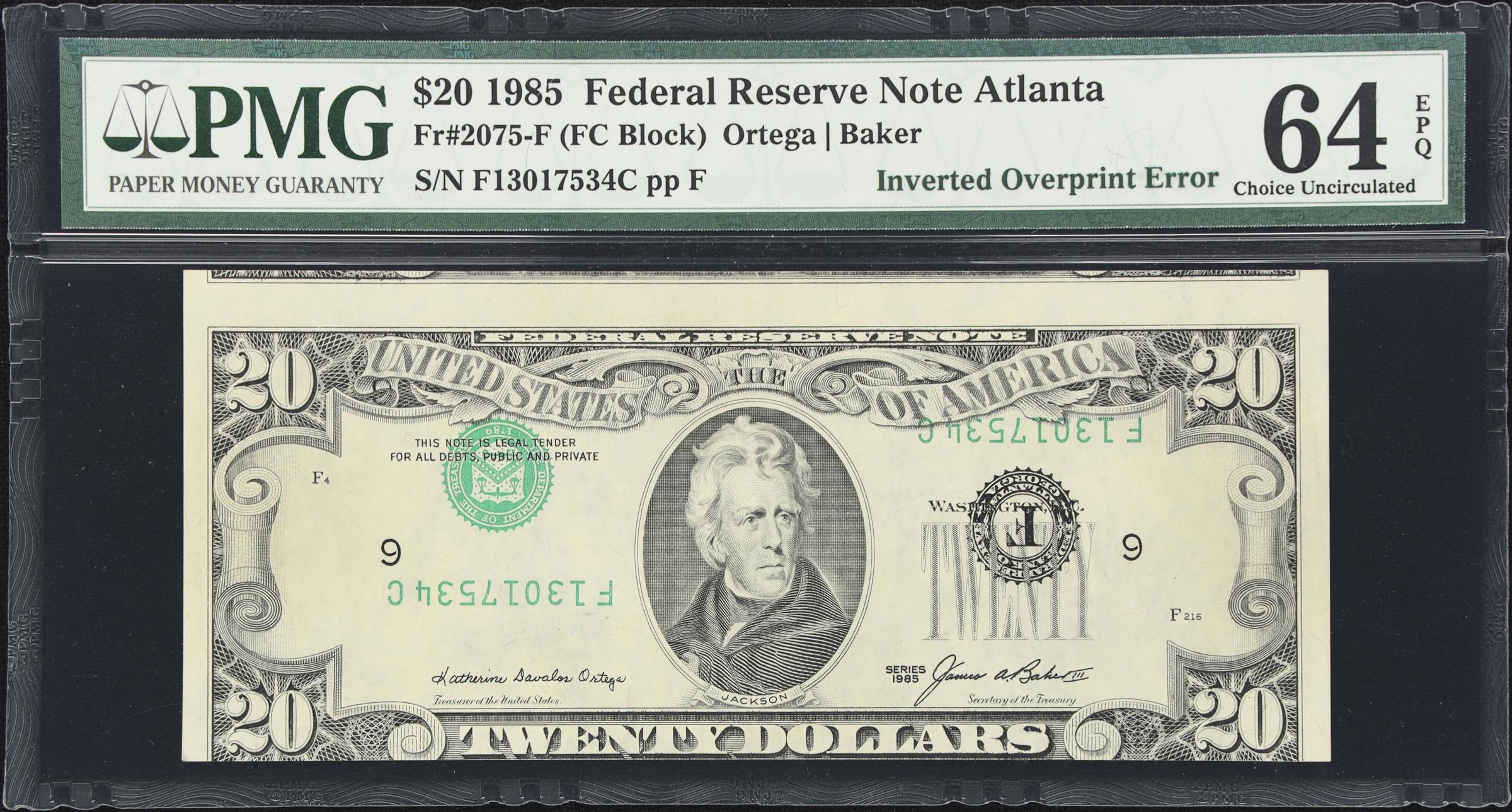 image for: Fr. 2075-F. 1985 $20 Federal Reserve Note. Atlanta. PMG Choice Uncirculated 64 EPQ. Inverted Overprint Error.