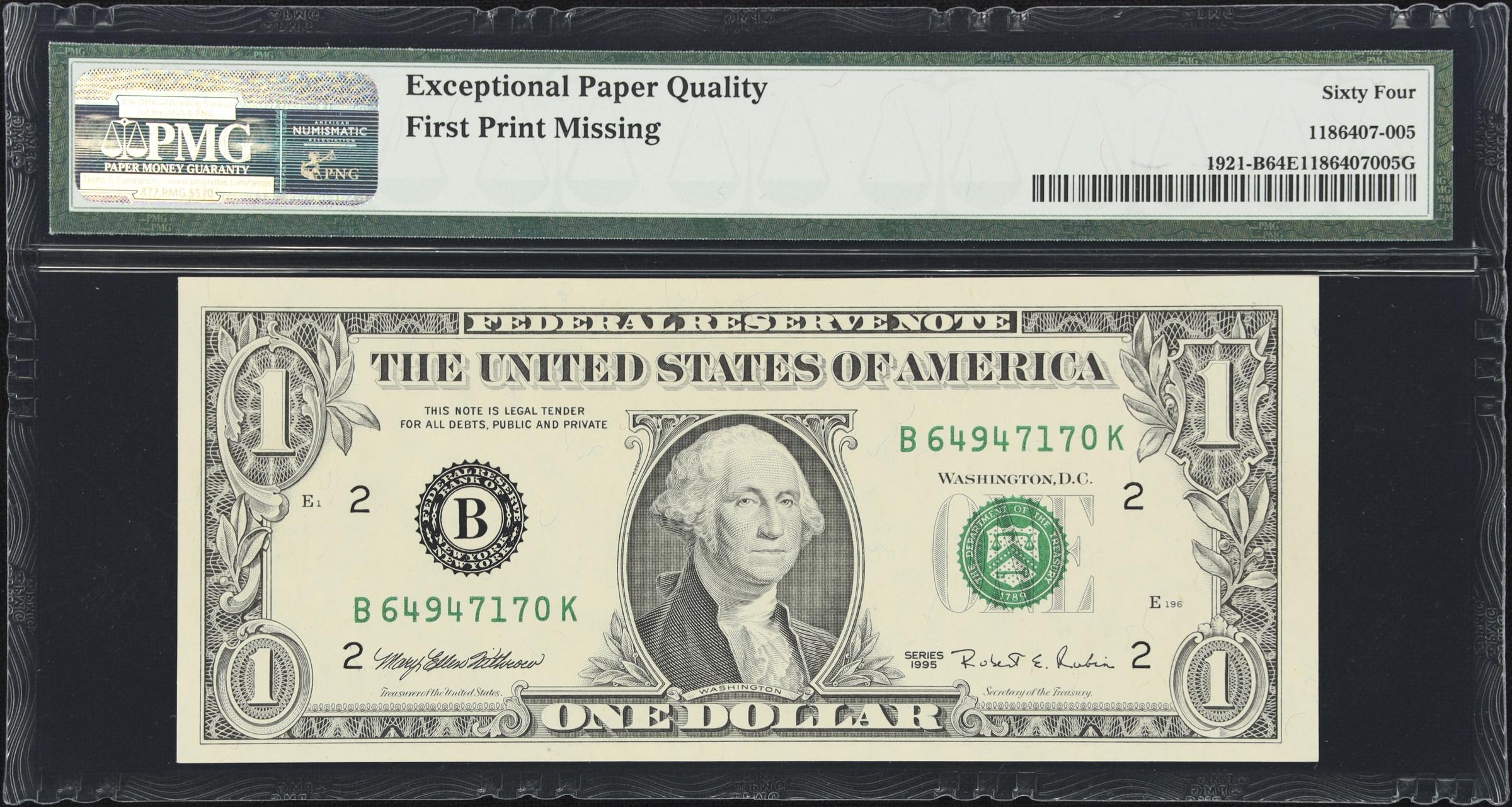 image for: Fr. 1921-B. 1995 $1 Federal Reserve Note. New York. PMG Choice Uncirculated 64 EPQ. Missing Print Error.