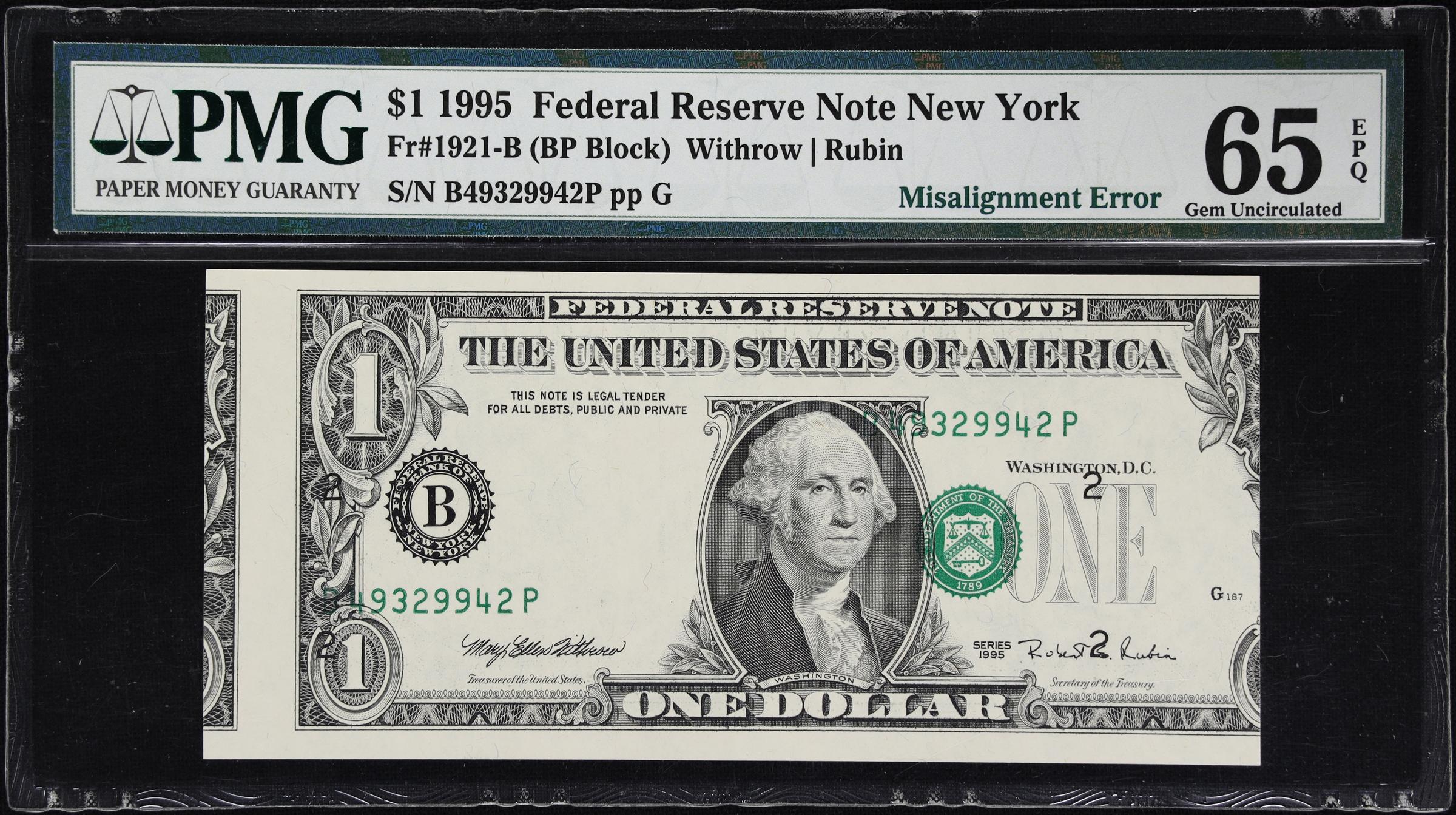 image for: Fr. 1921-B. 1995 $1 Federal Reserve Note. New York. PMG Gem Uncirculated 65 EPQ. Misalignment Error.