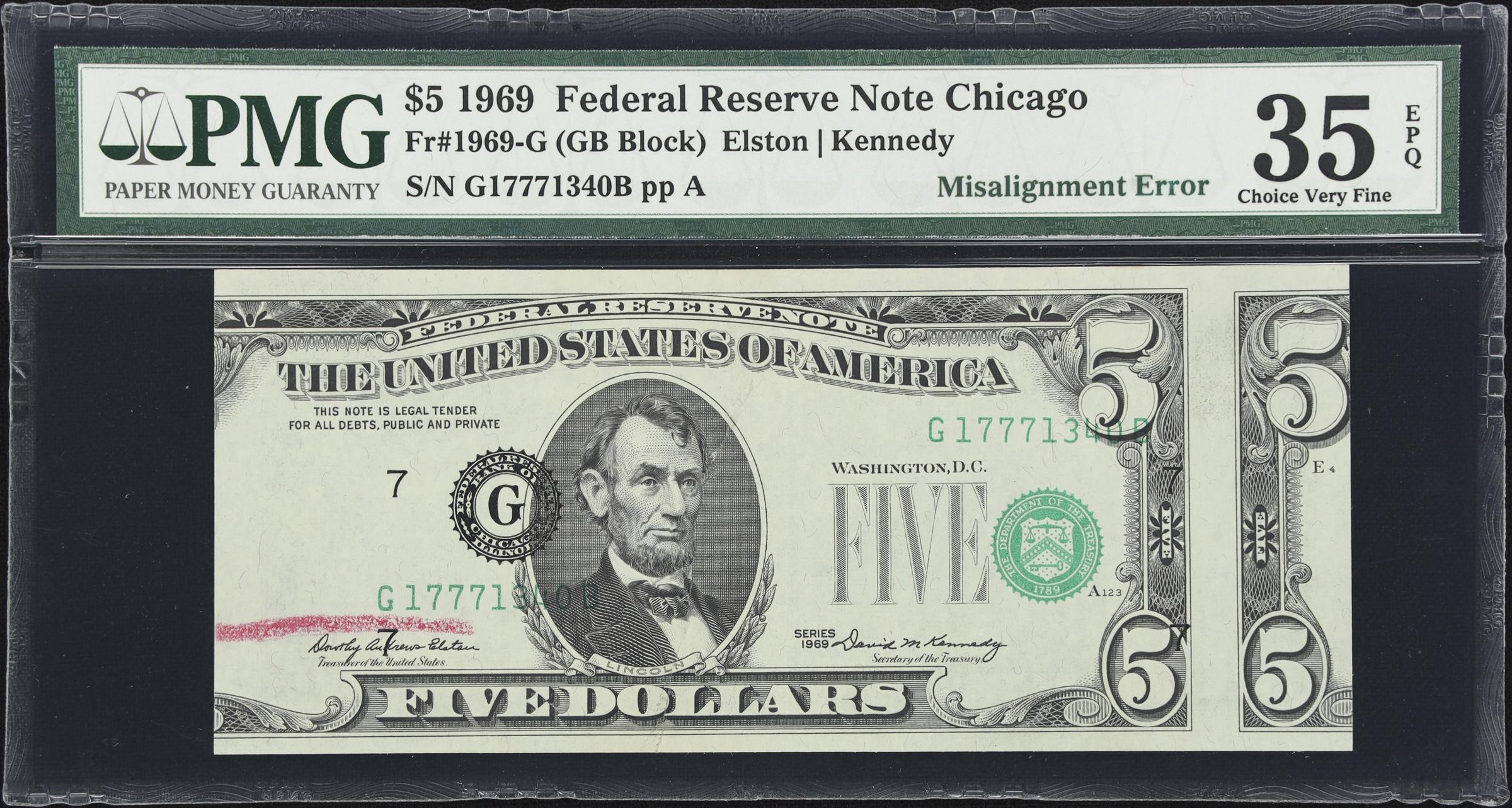 image for: Fr. 1969-G. 1969 $5 Federal Reserve Note. Chicago. PMG Choice Very Fine 35 EPQ. Misalignment Error.