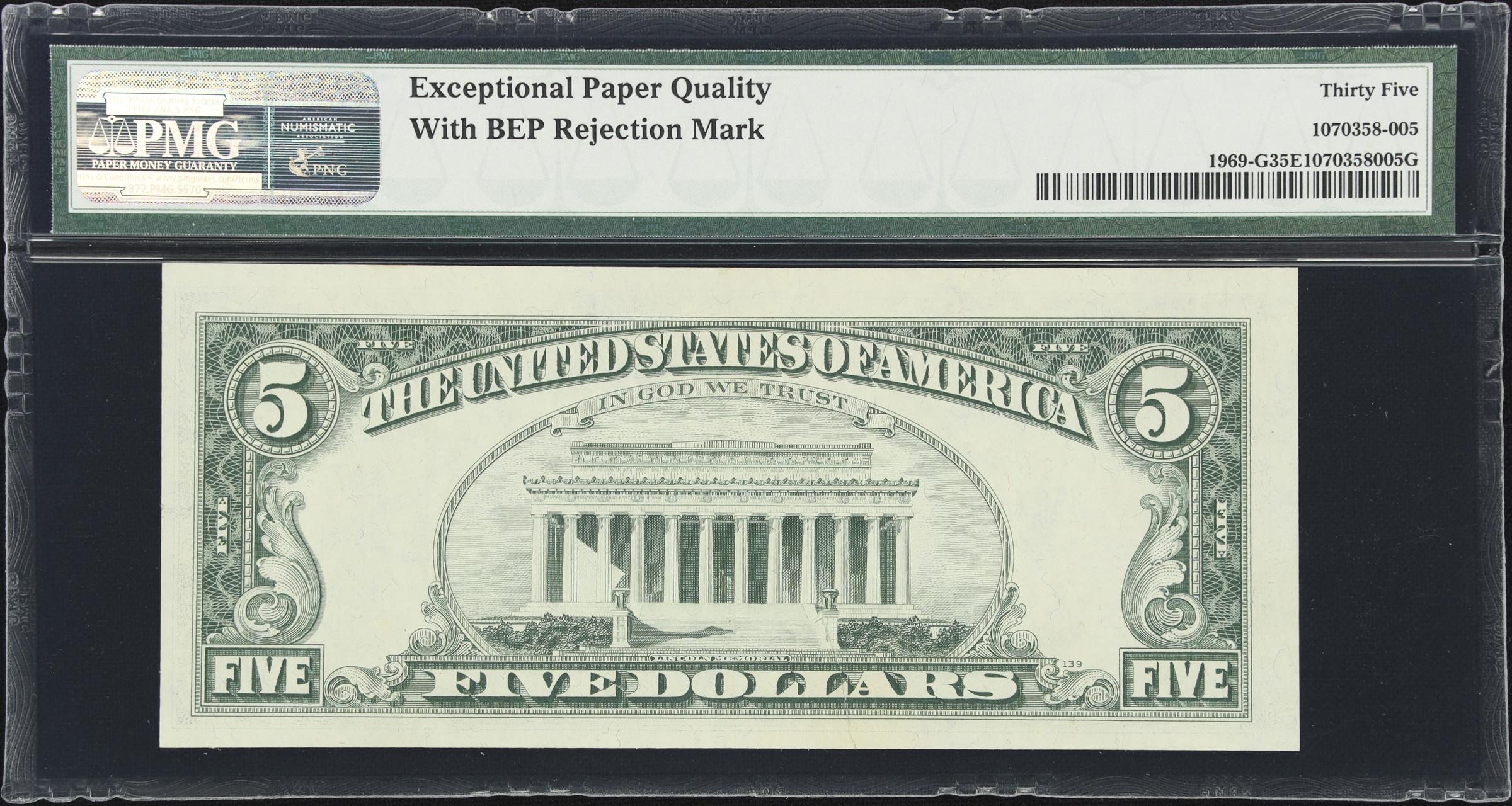 image for: Fr. 1969-G. 1969 $5 Federal Reserve Note. Chicago. PMG Choice Very Fine 35 EPQ. Misalignment Error.