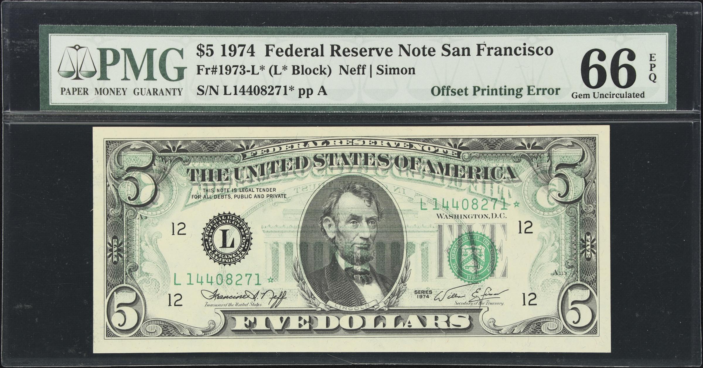 image for: Fr. 1973-L*. 1974 $5 Federal Reserve Star Note. San Francisco. PMG Gem Uncirculated 66 EPQ. Offset Printing Error.