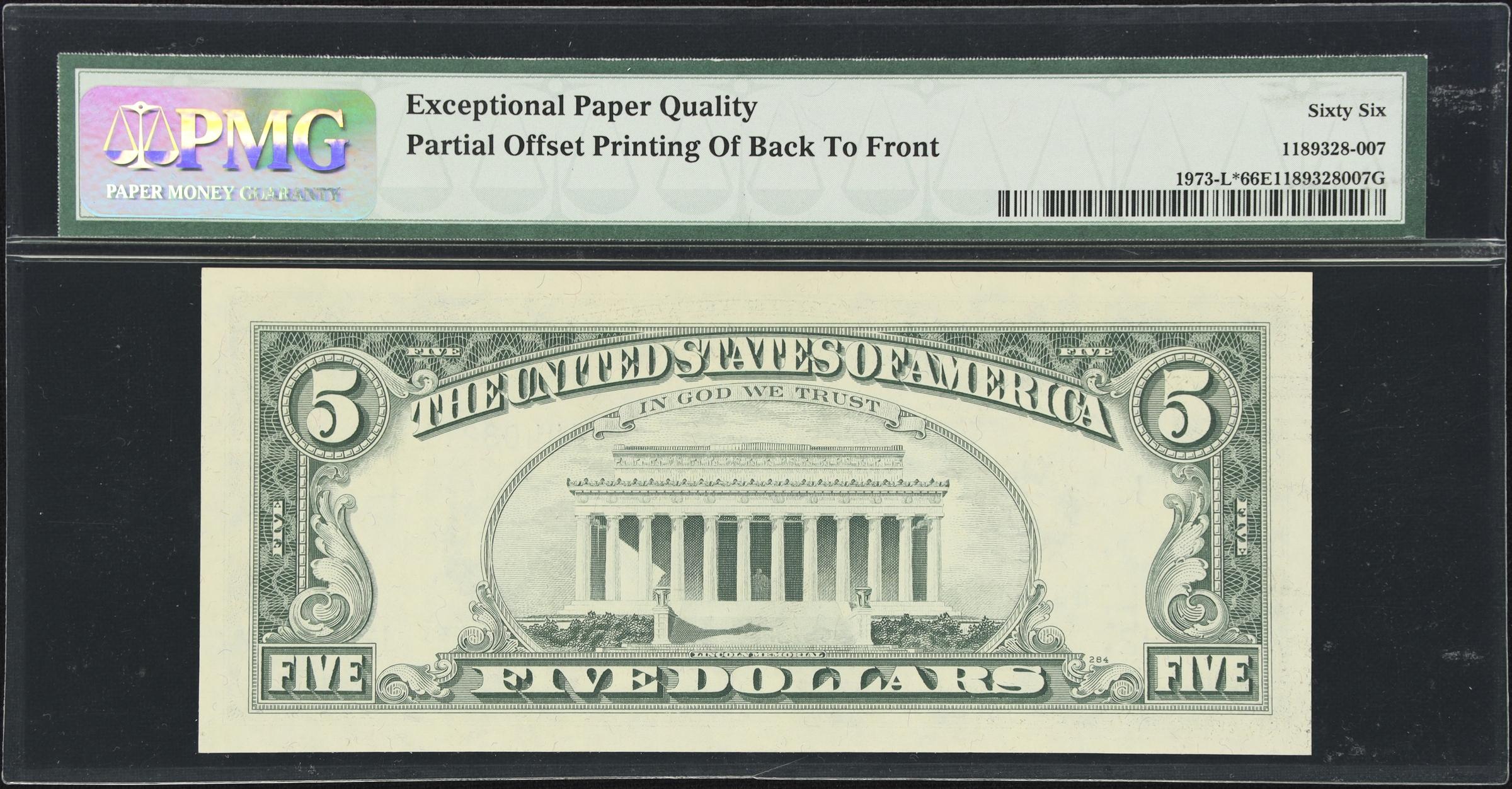 image for: Fr. 1973-L*. 1974 $5 Federal Reserve Star Note. San Francisco. PMG Gem Uncirculated 66 EPQ. Offset Printing Error.