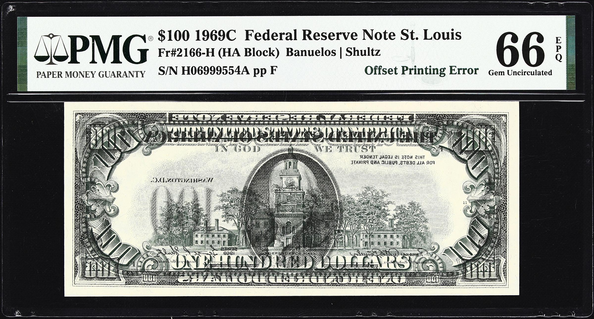 image for: Fr. 2166-H. 1969C $100 Federal Reserve Note. St. Louis. PMG Gem Uncirculated 66 EPQ. Offset Printing Error.