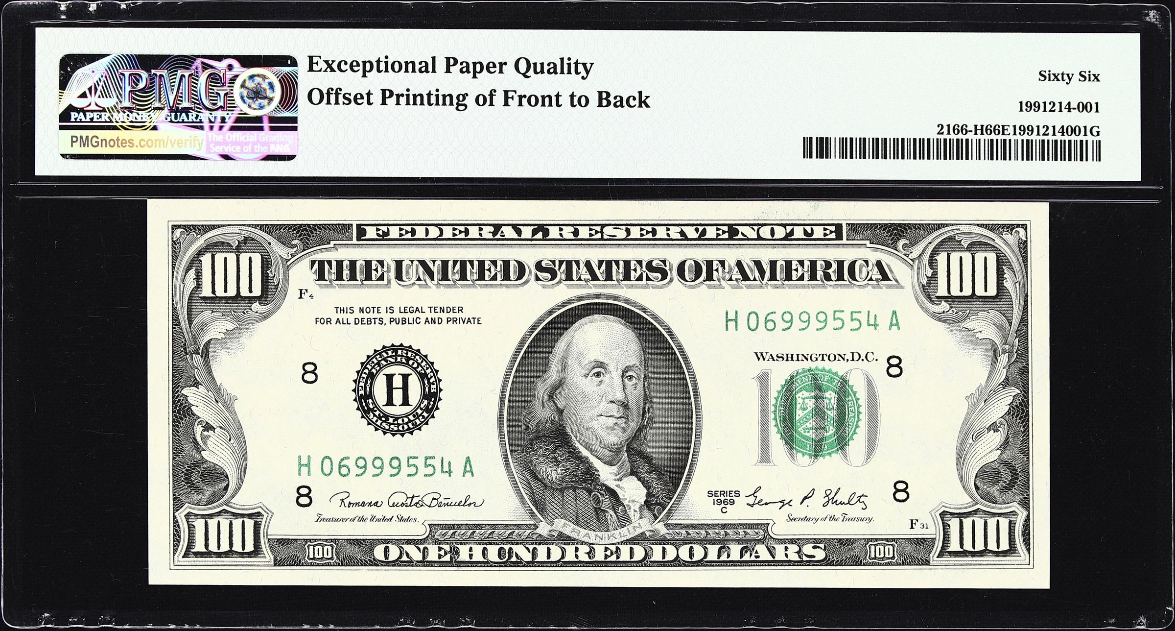 image for: Fr. 2166-H. 1969C $100 Federal Reserve Note. St. Louis. PMG Gem Uncirculated 66 EPQ. Offset Printing Error.