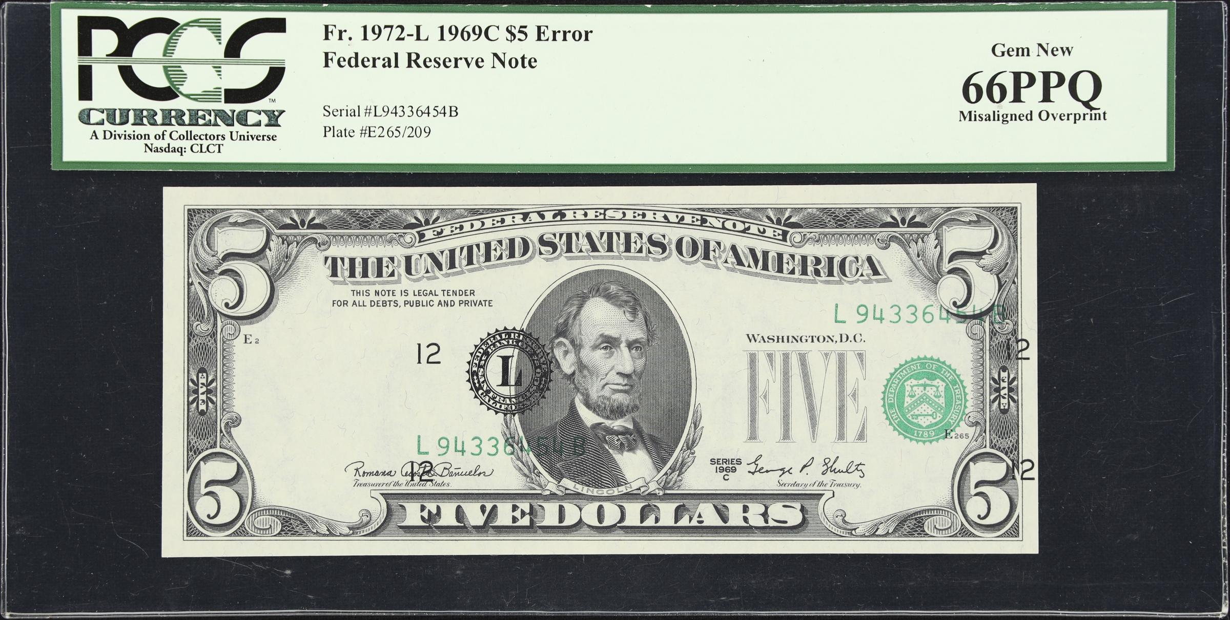 image for: Fr. 1972-L. 1969C $5 Federal Reserve Note. San Francisco. PCGS Currency Gem New 66 PPQ. Misalignment Error.