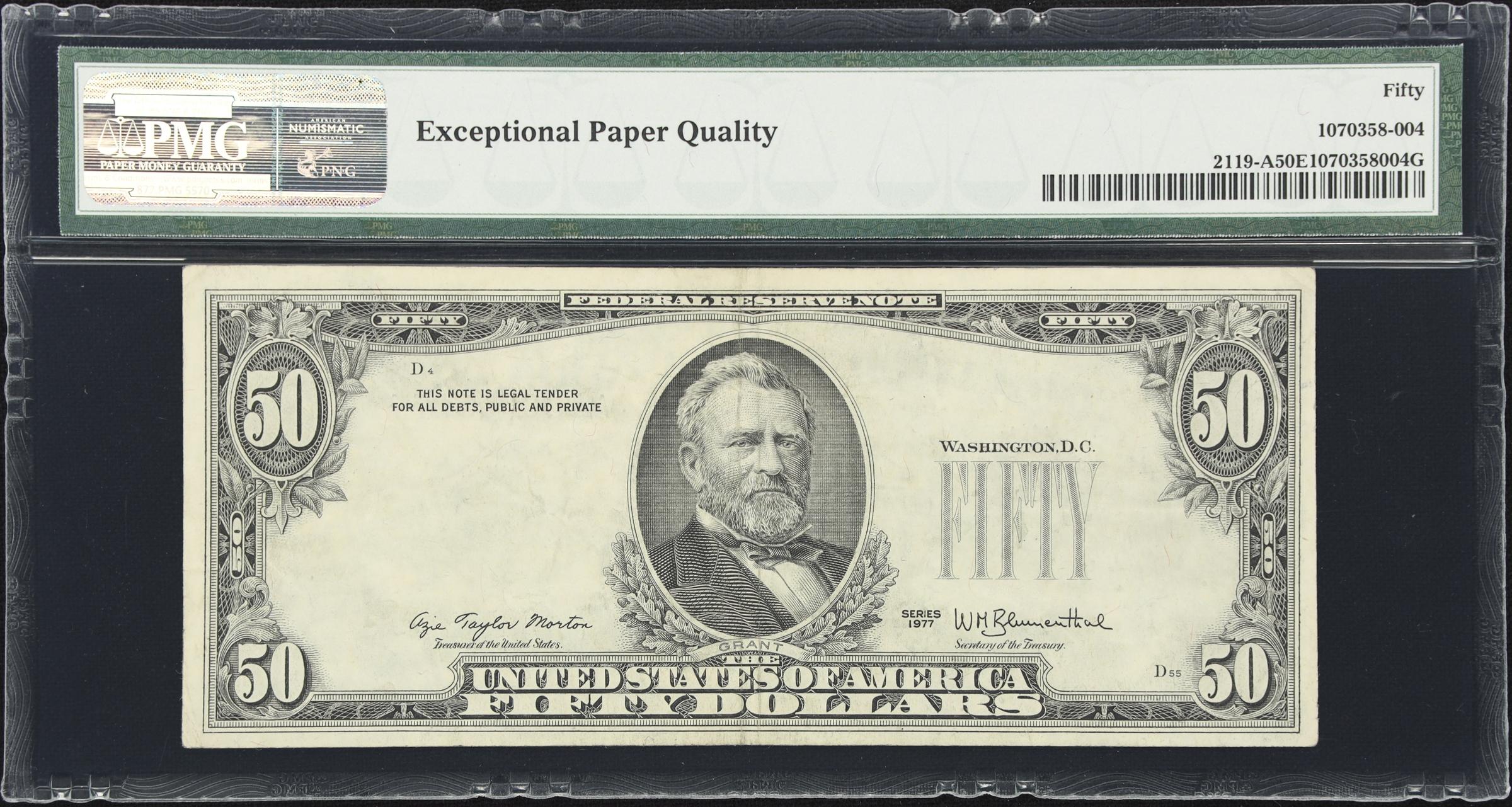 image for: Fr. 2119-A. 1977 $50 Federal Reserve Note. Boston. PMG About Uncirculated 50 EPQ. Overprint on Back Error.