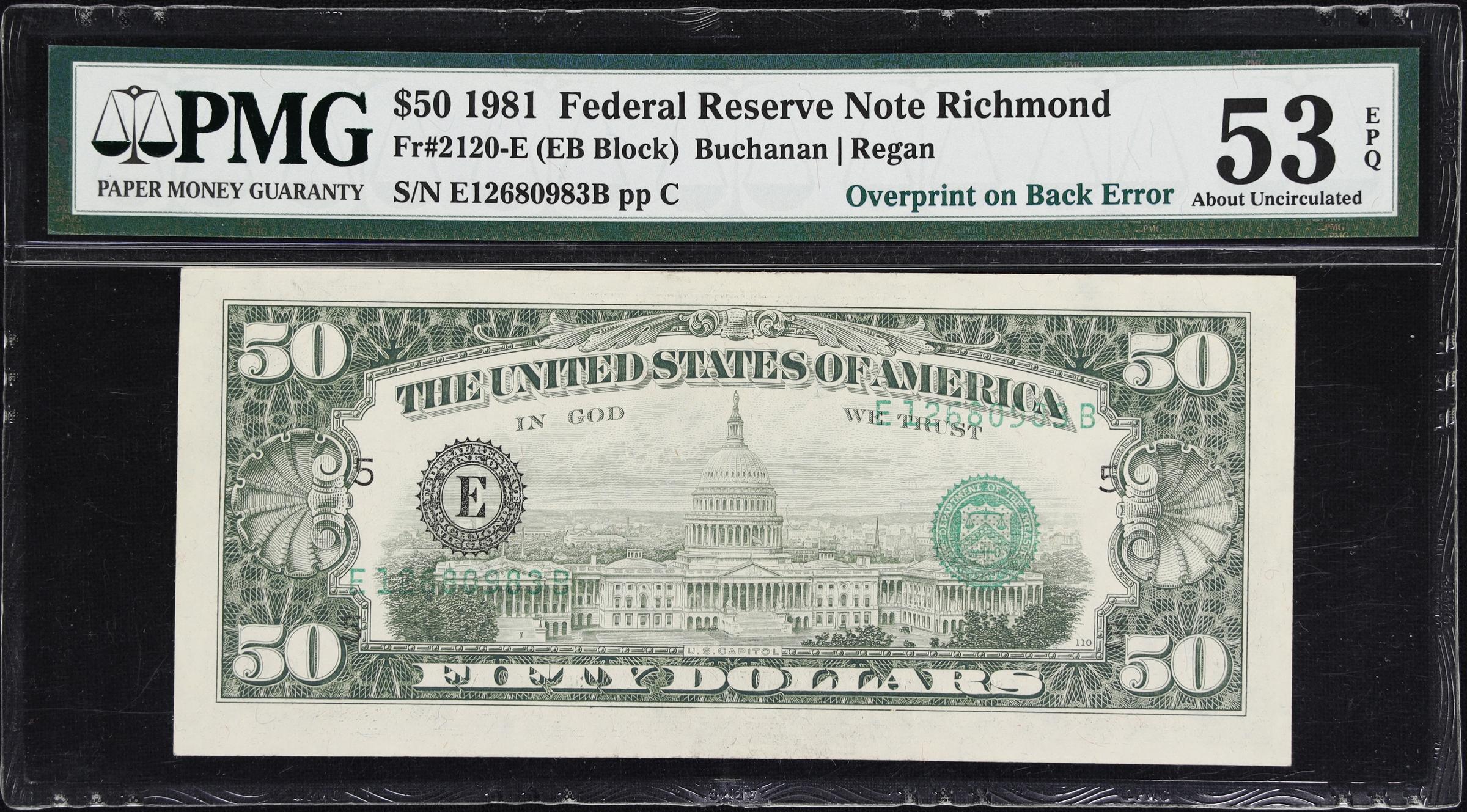 image for: Fr. 2120-E. 1981 $50 Federal Reserve Note. Richmond. PMG About Uncirculated 53 EPQ. Overprint on Back Error.