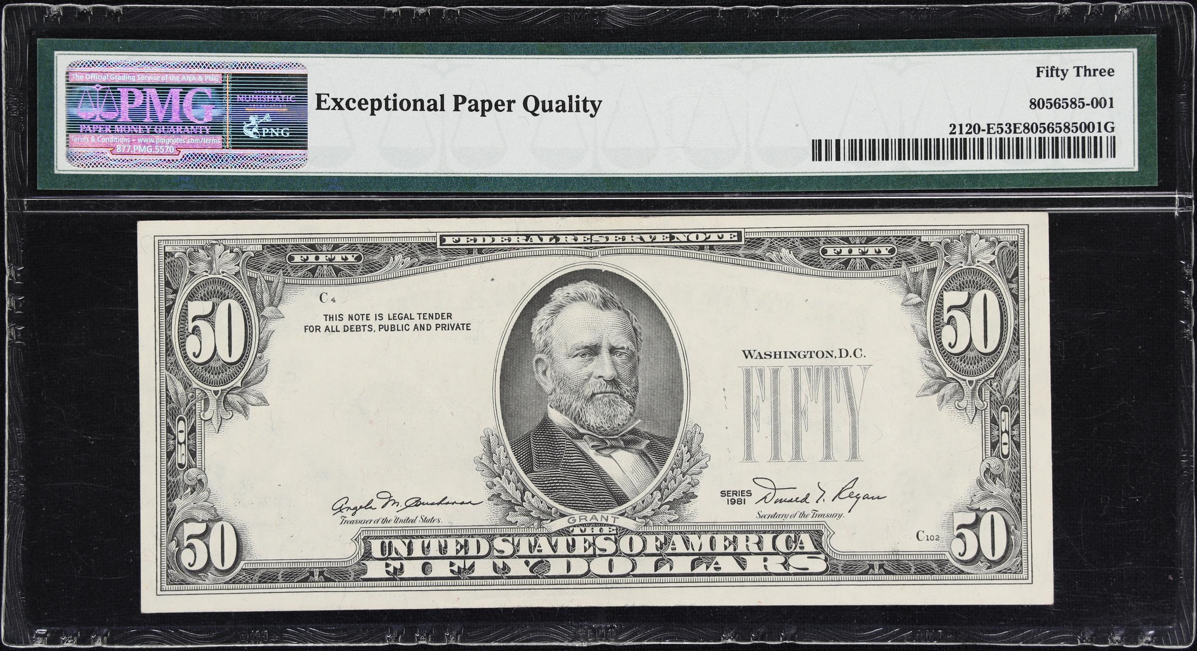 image for: Fr. 2120-E. 1981 $50 Federal Reserve Note. Richmond. PMG About Uncirculated 53 EPQ. Overprint on Back Error.