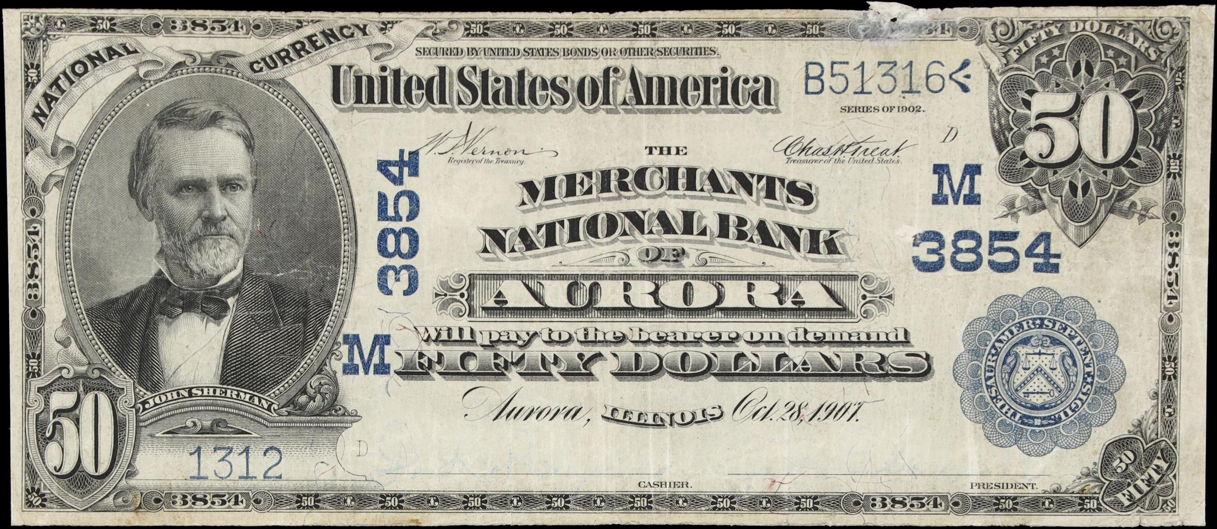 image for: Aurora, Illinois. $50 1902 Date Back. Fr. 669. Merchants NB. Charter #3854. Very Fine.