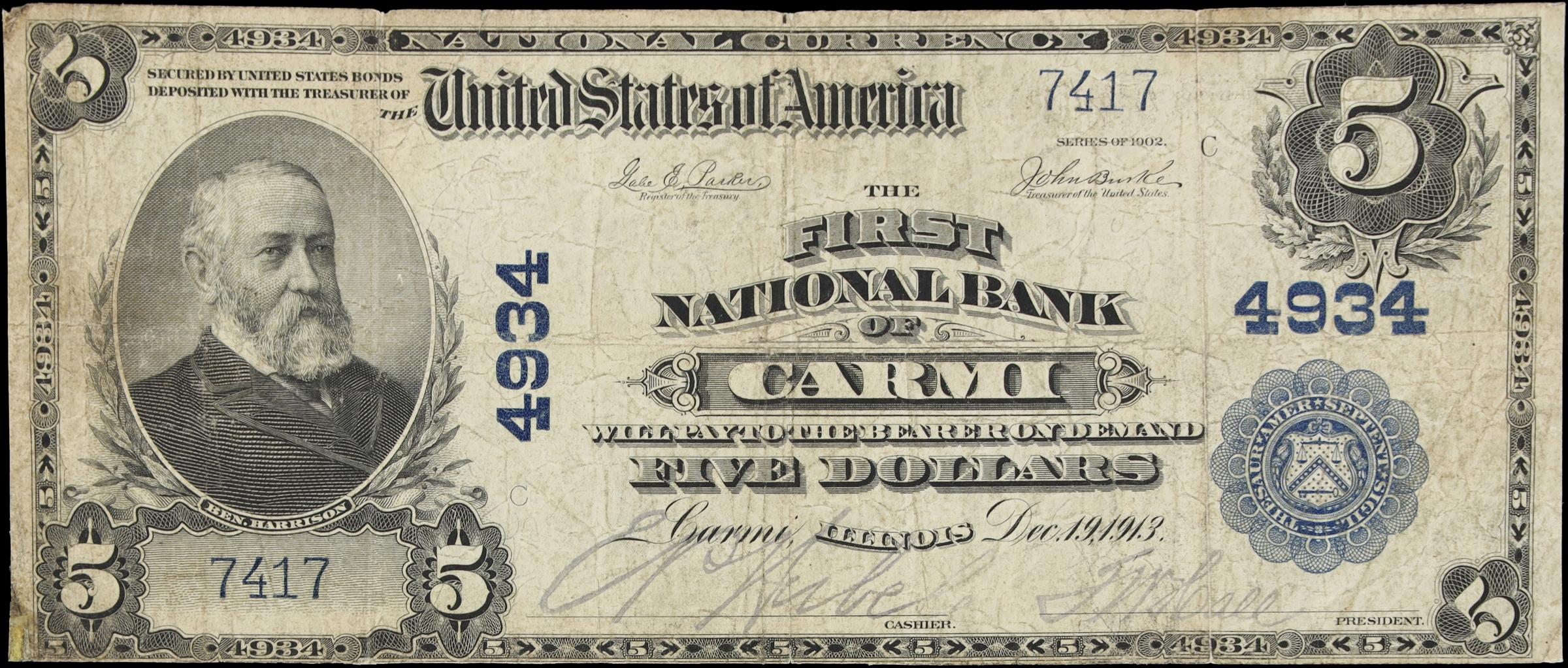 image for: Carmi, Illinois. $5 1902 Plain Back. Fr. 605. First NB. Charter #4934. Fine.