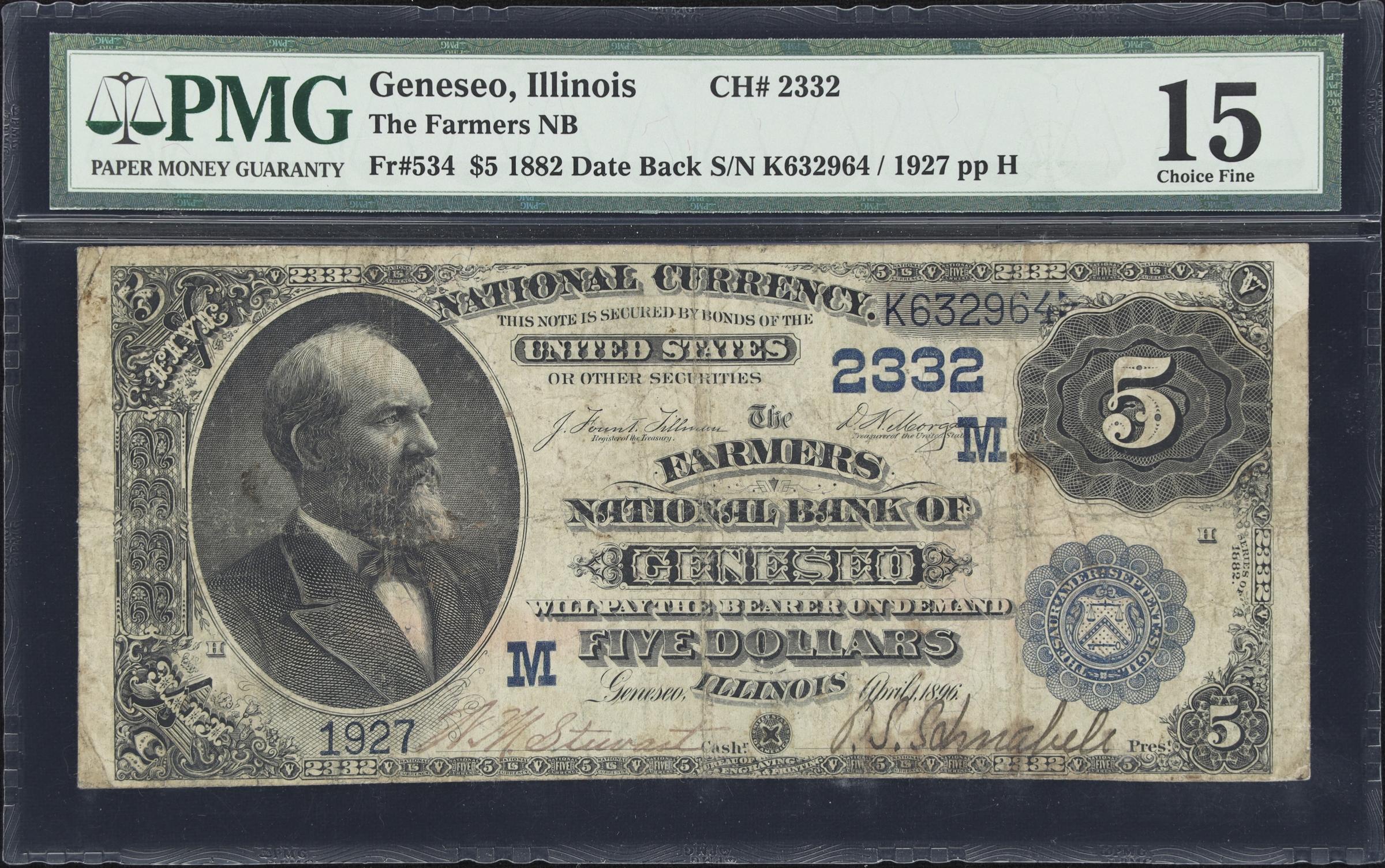 image for: Geneseo, Illinois. $5 1882 Date Back. Fr. 534. Farmers NB. Charter #2332. PMG Choice Fine 15.