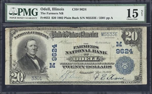 image for: Odell, Illinois. $20 1902 Plain Back. Fr. 653. Farmers NB. Charter #9624. PMG Choice Fine 15 Net. Rust, Edge Damage.