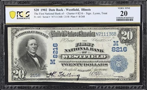 image for: Westfield, Illinois. $20 1902 Date Back. Fr. 643. First NB. Charter #8216. PCGS Banknote Very Fine 20.