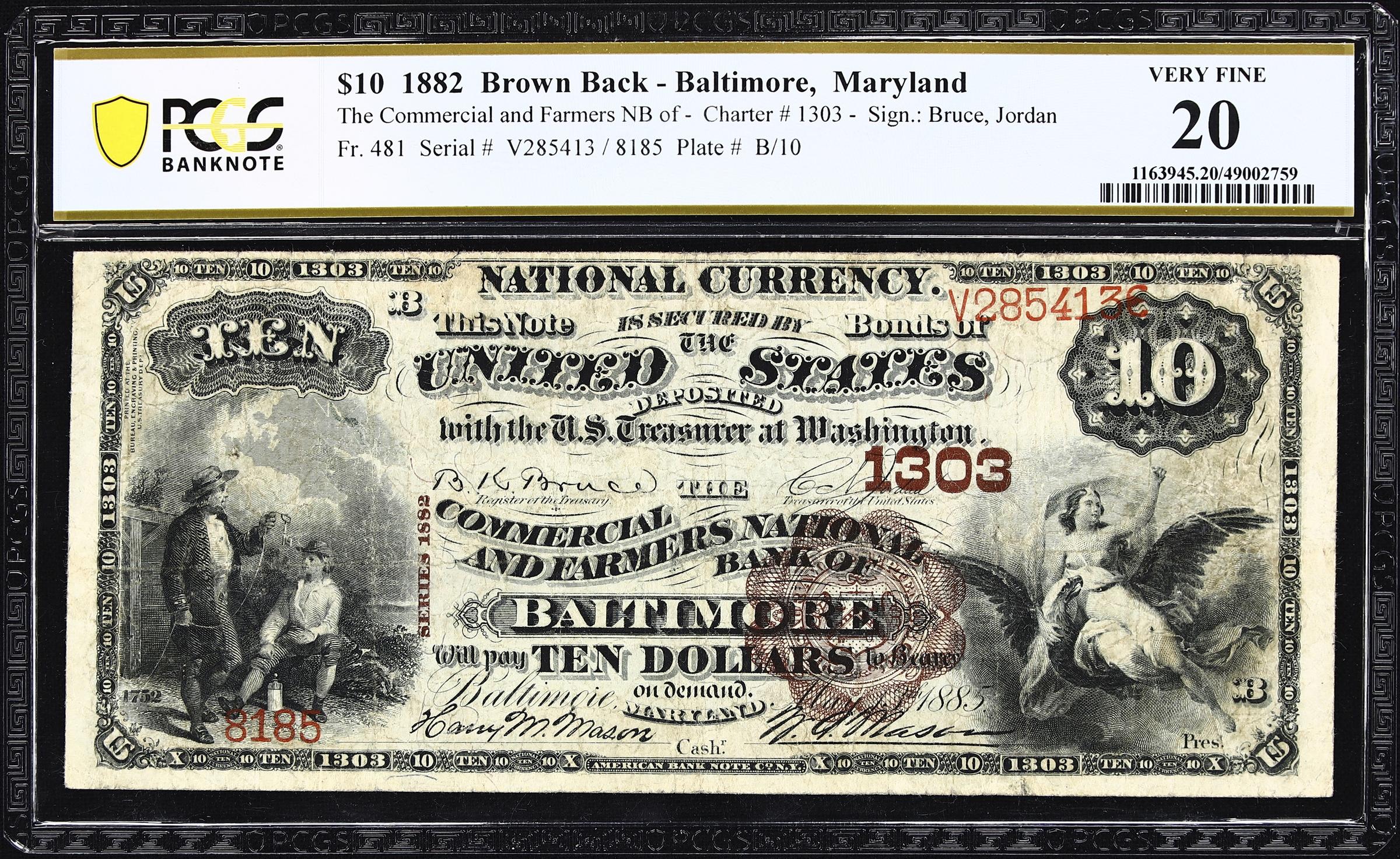 image for: Baltimore, Maryland. $10 1882 Brown Back. Fr. 481. Commercial & Farmers NB. Charter #1303. PCGS Banknote Very Fine 20.