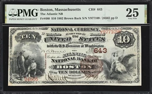 image for: Boston, Massachusetts. $10 1882 Brown Back. Fr. 480. Atlantic NB. Charter #643. PMG Very Fine 25.