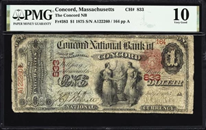 image for: Concord, Massachusetts. $1 1875. Fr. 383. Concord NB. Charter #833. PMG Very Good 10.