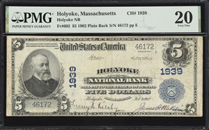 image for: Holyoke, Massachusetts. $5 1902 Plain Back. Fr. 602. Holyoke NB. Charter #1939. PMG Very Fine 20.