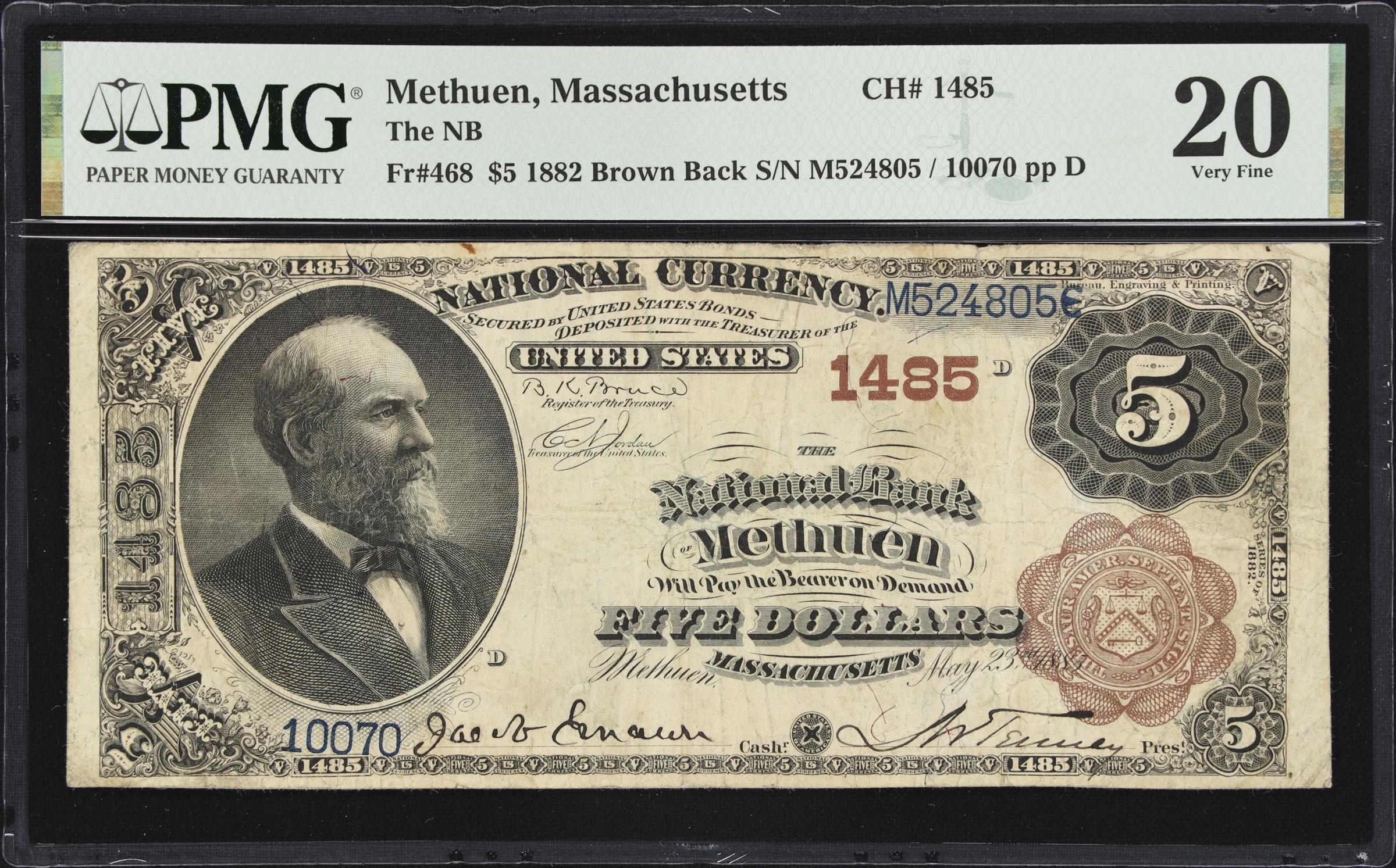 image for: Methuen, Massachusetts. $5 1882 Brown Back. Fr. 468. NB. Charter #1485. PMG Very Fine 20.