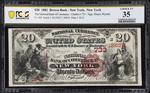 image for: New York, New York. 1882 Brown Back $20 Fr. 494. NB of Commerce. Charter #733. PCGS Banknote Choice Very Fine 35.