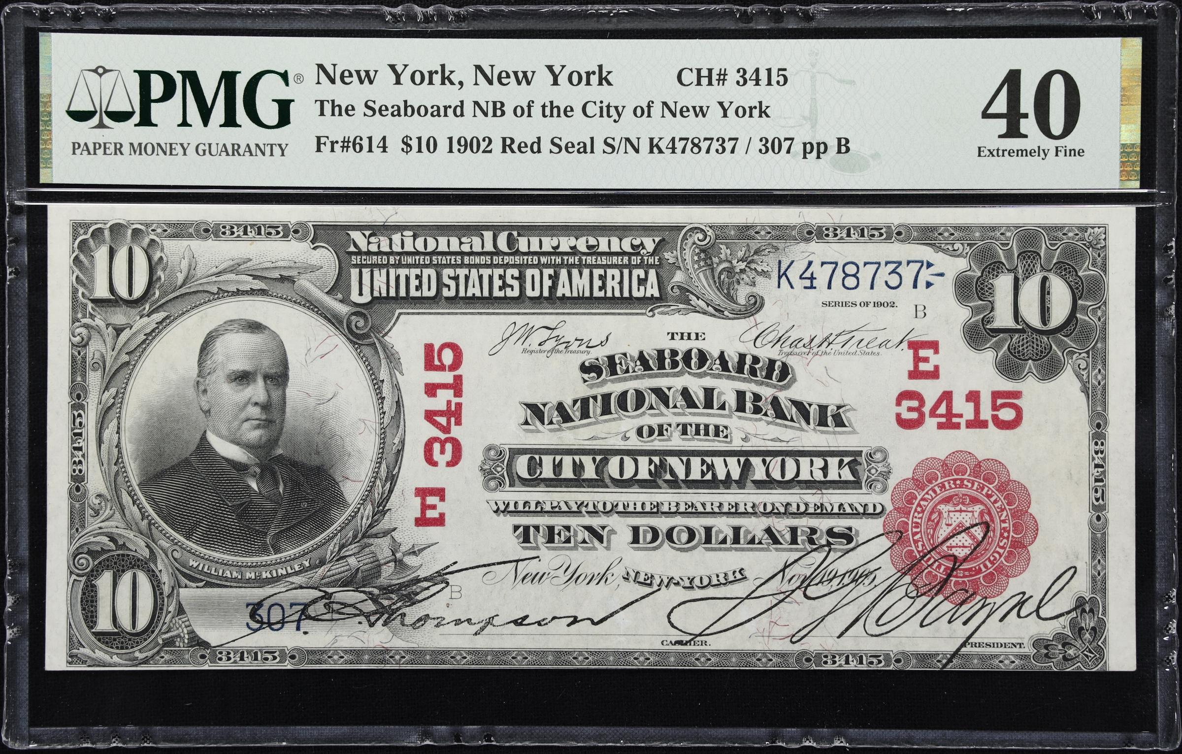 image for: New York, New York. 1902 Red Seal $10 Fr. 614. Seaboard NB. Charter #3415. PMG Extremely Fine 40.