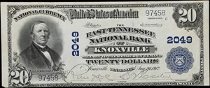 image for: Knoxville, Tennessee. $20 1902 Plain Back. Fr. 654. East Tennessee NB. Charter #2049. Extremely Fine to About Uncirculated.