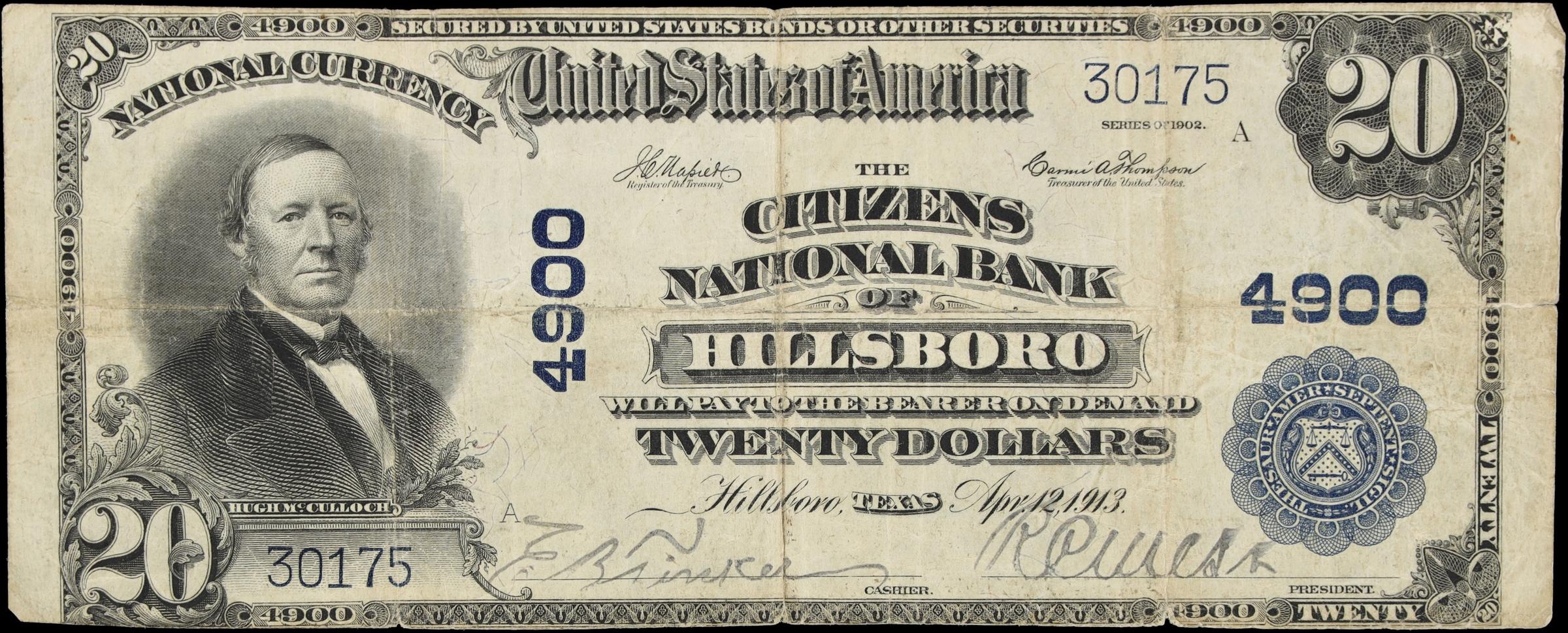image for: Hillsboro, Texas. $20 1902 Plain Back. Fr. 647. Citizens NB. Charter #4900. Very Fine.