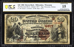 image for: Milwaukee, Wisconsin. $20 1882 Brown Back. Fr. 499. Wisconsin NB. Charter #4817. PCGS Banknote Choice Fine 15.
