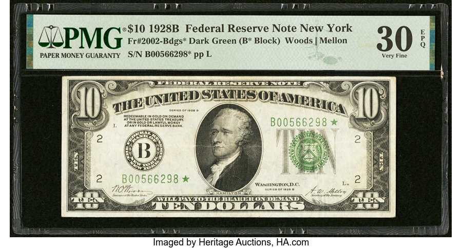 image for: Fr. 2002-B* $10 1928B Federal Reserve Star Note. PMG Very Fine 30 EPQ....