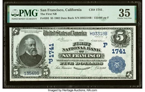 image for: San Francisco, CA - $5 1902 Date Back Fr. 593 The First National Bank Ch. # (P)1741 PMG Choice Very Fine 35....