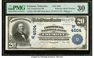 image for: Fremont, NE - $20 1902 Plain Back Fr. 653 The Commercial National Bank Ch. # (W)4504 PMG Very Fine 30....