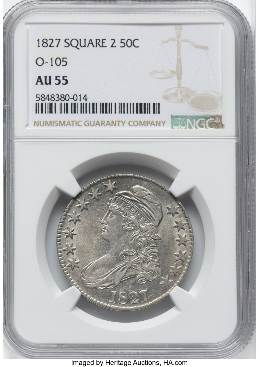 image for: 1827 50C Square Base 2, O-105, R.3, AU55 NGC. NGC Census: (8/13).  Mintage 5,493,400....