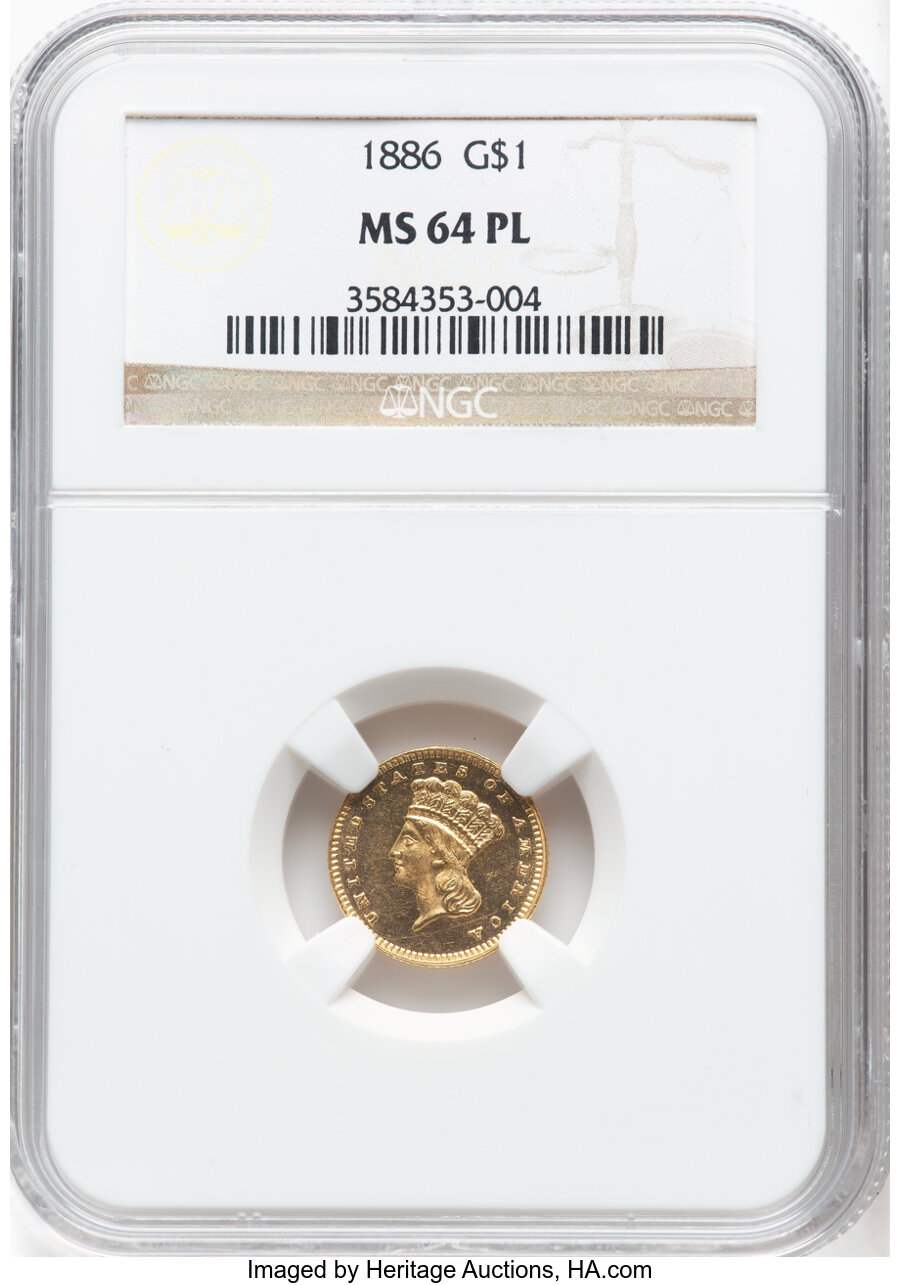 image for: 1886 G$1 MS64 Prooflike NGC. NGC Census: (15/17).  Mintage 5,000. ...