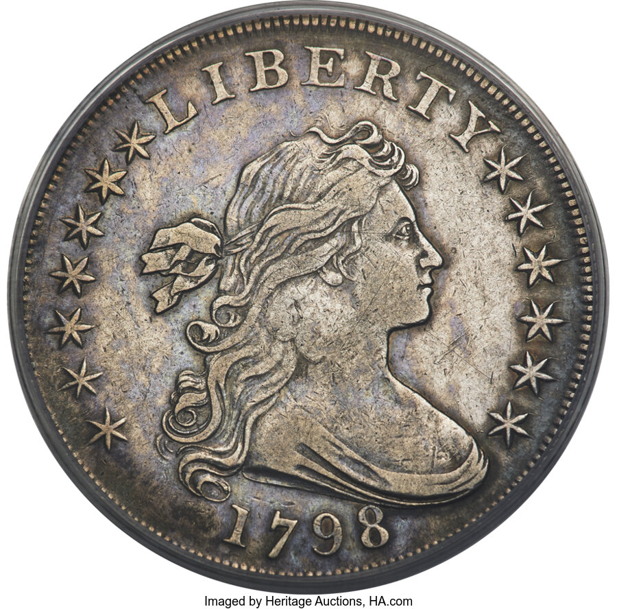 image for: 1798 $1 Large Eagle, Pointed 9, Wide Date, 4 Lines, 13 Arrows, B-23, BB-105, R.3, VF30 PCGS....