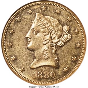image for: 1880-CC $10 AU58 NGC. CAC....