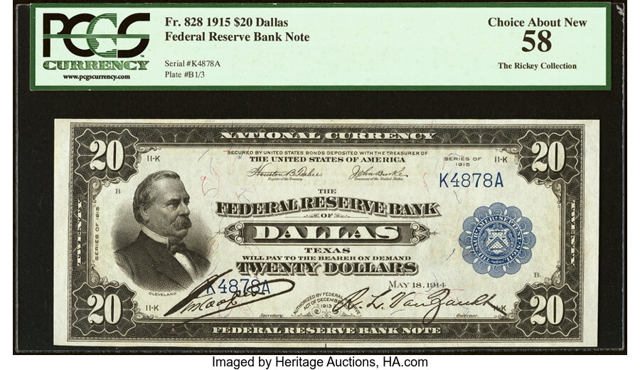 image for: Fr. 828 $20 1915 Federal Reserve Bank Note PCGS Choice About New 58....