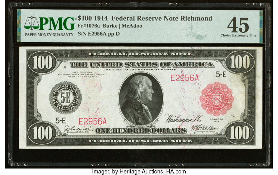 image for: Fr. 1076a $100 1914 Red Seal Federal Reserve Note PMG Choice Extremely Fine 45....