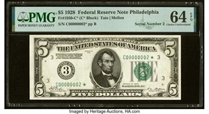 image for: Low Serial Number 00000002* Fr. 1950-C* $5 1928 Federal Reserve Star Note. PMG Choice Uncirculated 64 EPQ....