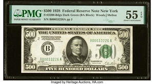 image for: Fr. 2200-B $500 1928 Federal Reserve Note. PMG About Uncirculated 55 EPQ....