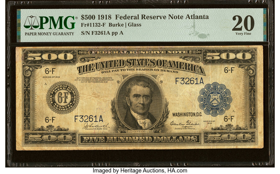 image for: Fr. 1132-F $500 1918 Federal Reserve Note PMG Very Fine 20....