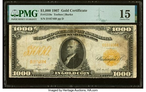 image for: Fr. 1219e $1,000 1907 Gold Certificate PMG Choice Fine 15....