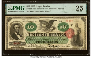 image for: Fr. 95b $10 1863 Legal Tender PMG Very Fine 25....