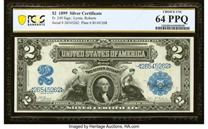 image for: Fr. 249 $2 1899 Silver Certificate PCGS Banknote Choice Unc 64 PPQ....