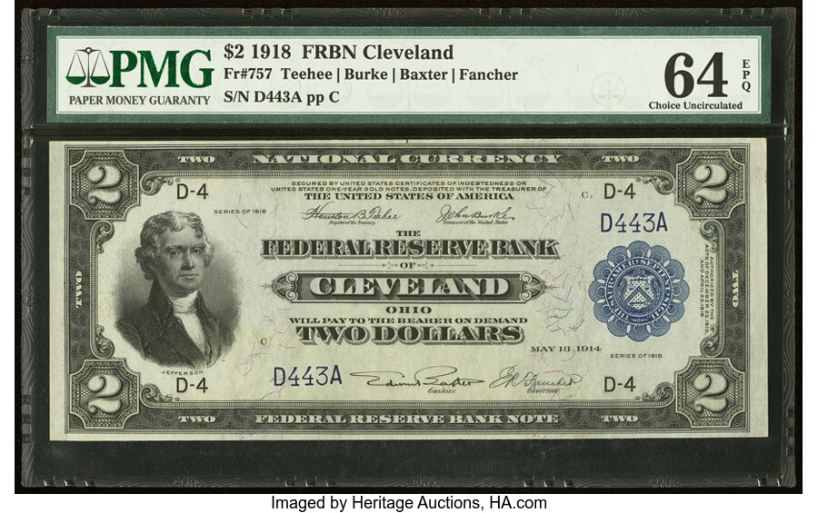 image for: Low Serial Number D443A Fr. 757 $2 1918 Federal Reserve Bank Note PMG Choice Uncirculated 64 EPQ....