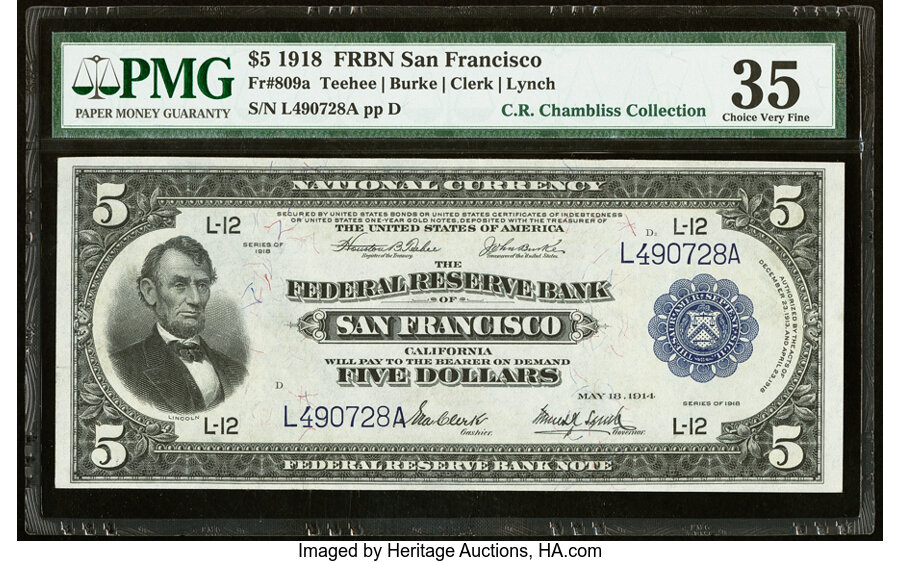 image for: Fr. 809a $5 1918 Federal Reserve Bank Note PMG Choice Very Fine 35....