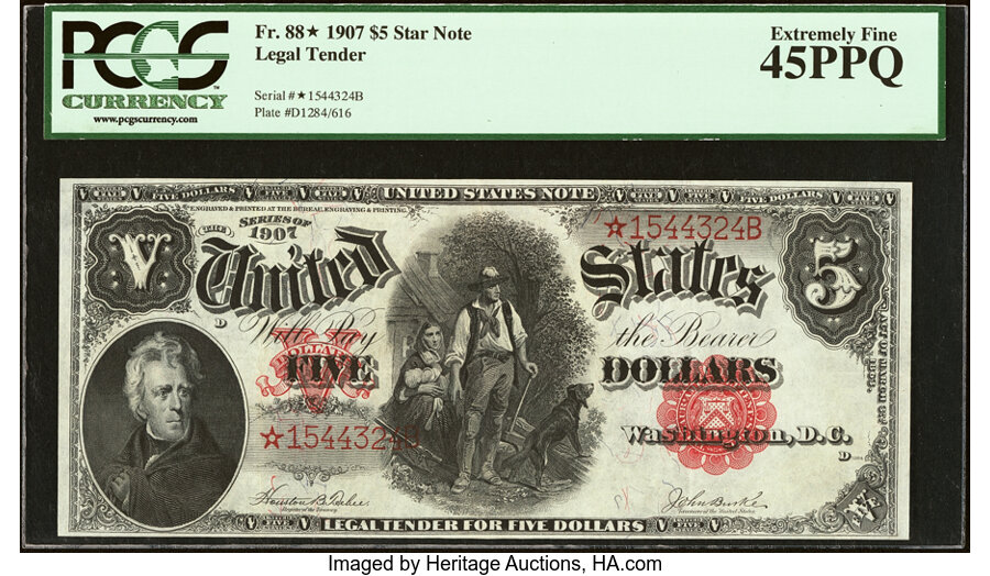 image for: Fr. 88* $5 1907 Legal Tender Star PCGS Extremely Fine 45PPQ....