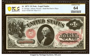 image for: Fr. 26 $1 1875 Legal Tender PCGS Banknote Choice Unc 64....