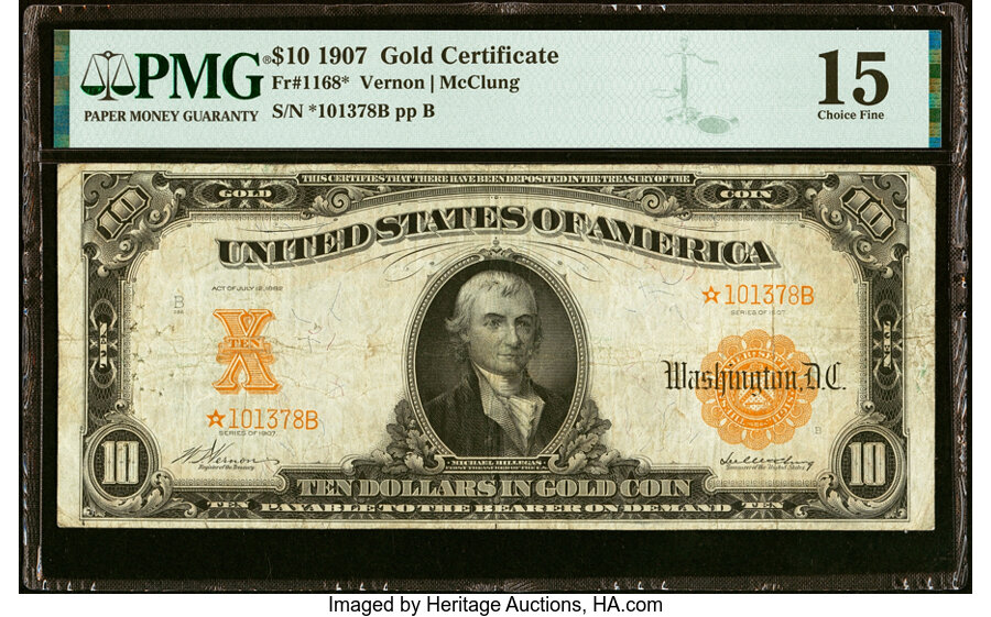 image for: Fr. 1168* $10 1907 Gold Certificate Star PMG Choice Fine 15....